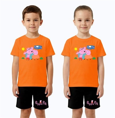 Unisex Peppa Pig baskılı Çocuk Tişört Siyah Şortlu Takım pamuklu penye kumaş