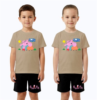Unisex Peppa Pig baskılı Çocuk Tişört Siyah Şortlu Takım pamuklu penye kumaş