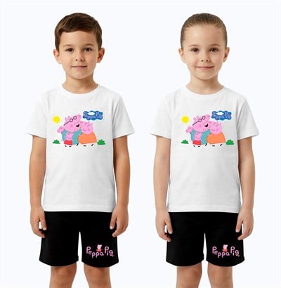 Unisex Peppa Pig baskılı Çocuk Tişört Siyah Şortlu Takım pamuklu penye kumaş