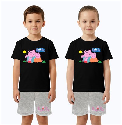 Unisex Peppa Pig baskılı Çocuk Tişört gri Şortlu Takım pamuklu penye kumaş