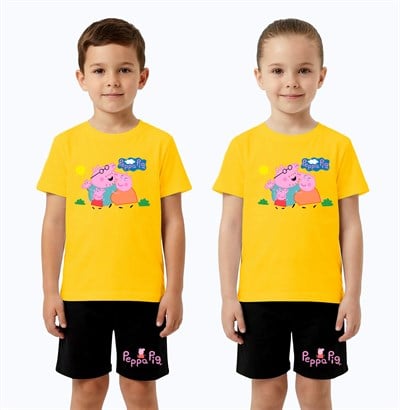 Unisex Peppa Pig baskılı Çocuk Tişört Siyah Şortlu Takım pamuklu penye kumaş