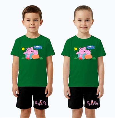 Unisex Peppa Pig baskılı Çocuk Tişört Siyah Şortlu Takım pamuklu penye kumaş