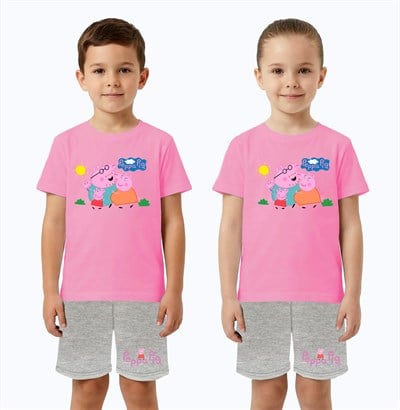 Unisex Peppa Pig baskılı Çocuk Tişört gri Şortlu Takım pamuklu penye kumaş