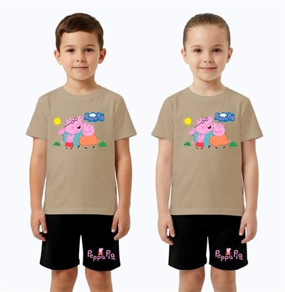Unisex Peppa Pig baskılı Çocuk Tişört Siyah Şortlu Takım pamuklu penye kumaş