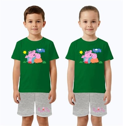 Unisex Peppa Pig baskılı Çocuk Tişört gri Şortlu Takım pamuklu penye kumaş