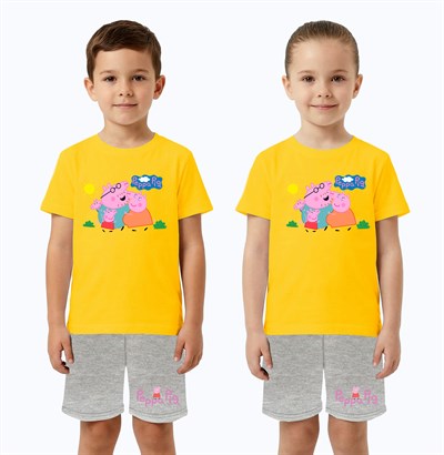 Unisex Peppa Pig baskılı Çocuk Tişört gri Şortlu Takım pamuklu penye kumaş