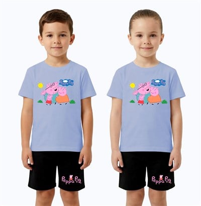 Unisex Peppa Pig baskılı Çocuk Tişört Siyah Şortlu Takım pamuklu penye kumaş