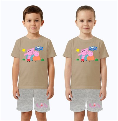 Unisex Peppa Pig baskılı Çocuk Tişört gri Şortlu Takım pamuklu penye kumaş