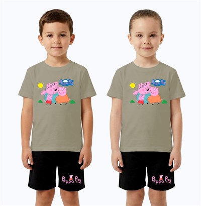 Unisex Peppa Pig baskılı Çocuk Tişört Siyah Şortlu Takım pamuklu penye kumaş