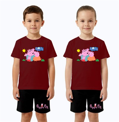 Unisex Peppa Pig baskılı Çocuk Tişört Siyah Şortlu Takım pamuklu penye kumaş