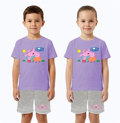 Unisex Peppa Pig baskılı Çocuk Tişört gri Şortlu Takım pamuklu penye kumaş