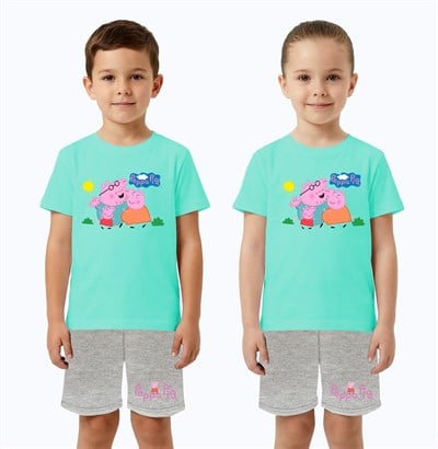 Unisex Peppa Pig baskılı Çocuk Tişört gri Şortlu Takım pamuklu penye kumaş
