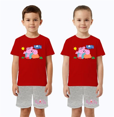 Unisex Peppa Pig baskılı Çocuk Tişört gri Şortlu Takım pamuklu penye kumaş