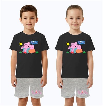Unisex Peppa Pig baskılı Çocuk Tişört gri Şortlu Takım pamuklu penye kumaş