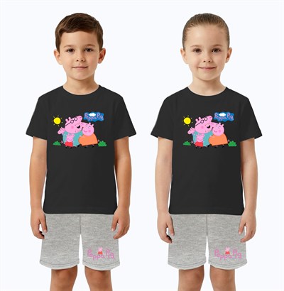 Unisex Peppa Pig baskılı Çocuk Tişört gri Şortlu Takım pamuklu penye kumaş