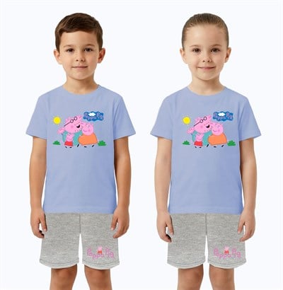 Unisex Peppa Pig baskılı Çocuk Tişört gri Şortlu Takım pamuklu penye kumaş