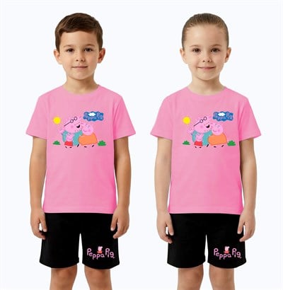 Unisex Peppa Pig baskılı Çocuk Tişört Siyah Şortlu Takım pamuklu penye kumaş