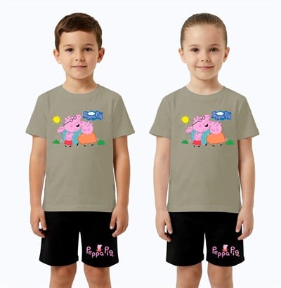 Unisex Peppa Pig baskılı Çocuk Tişört Siyah Şortlu Takım pamuklu penye kumaş