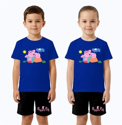 Unisex Peppa Pig baskılı Çocuk Tişört Siyah Şortlu Takım pamuklu penye kumaş