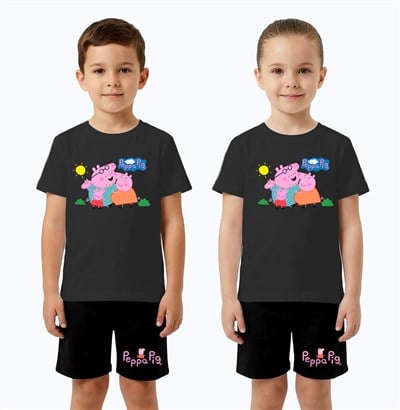 Unisex Peppa Pig baskılı Çocuk Tişört Siyah Şortlu Takım pamuklu penye kumaş