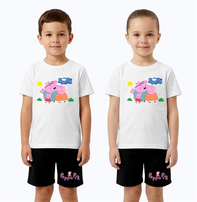 Unisex Peppa Pig baskılı Çocuk Tişört Siyah Şortlu Takım pamuklu penye kumaş