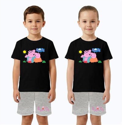 Unisex Peppa Pig baskılı Çocuk Tişört gri Şortlu Takım pamuklu penye kumaş
