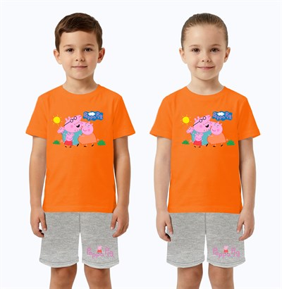 Unisex Peppa Pig baskılı Çocuk Tişört gri Şortlu Takım pamuklu penye kumaş