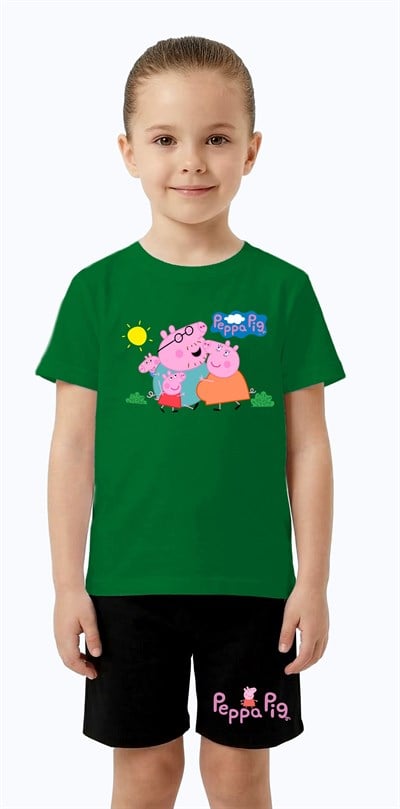 Unisex Peppa Pig baskılı Çocuk Tişört Siyah Şortlu Takım pamuklu penye kumaş