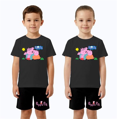 Unisex Peppa Pig baskılı Çocuk Tişört Siyah Şortlu Takım pamuklu penye kumaş