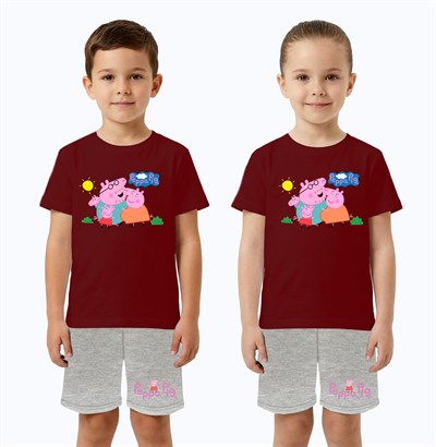 Unisex Peppa Pig baskılı Çocuk Tişört gri Şortlu Takım pamuklu penye kumaş