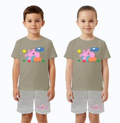 Unisex Peppa Pig baskılı Çocuk Tişört gri Şortlu Takım pamuklu penye kumaş
