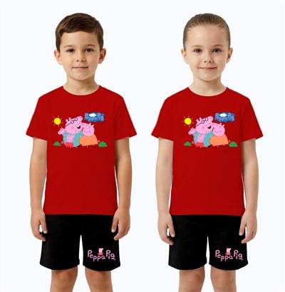 Unisex Peppa Pig baskılı Çocuk Tişört Siyah Şortlu Takım pamuklu penye kumaş