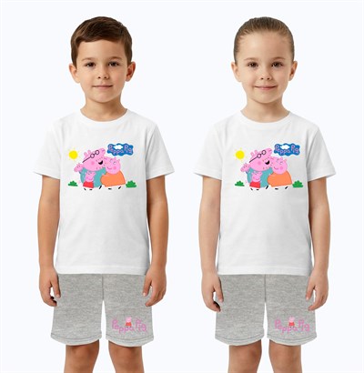 Unisex Peppa Pig baskılı Çocuk Tişört gri Şortlu Takım pamuklu penye kumaş
