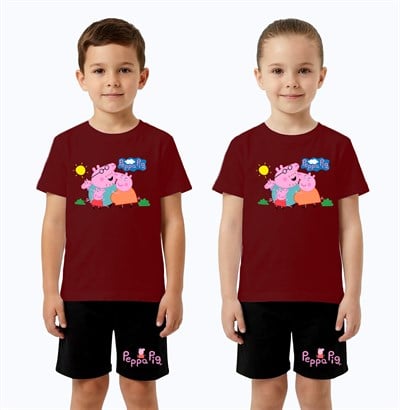 Unisex Peppa Pig baskılı Çocuk Tişört Siyah Şortlu Takım pamuklu penye kumaş