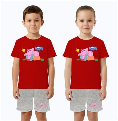 Unisex Peppa Pig baskılı Çocuk Tişört gri Şortlu Takım pamuklu penye kumaş