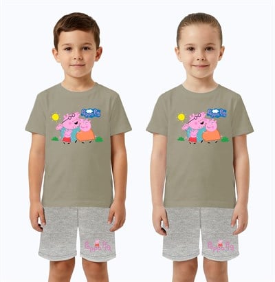Unisex Peppa Pig baskılı Çocuk Tişört gri Şortlu Takım pamuklu penye kumaş