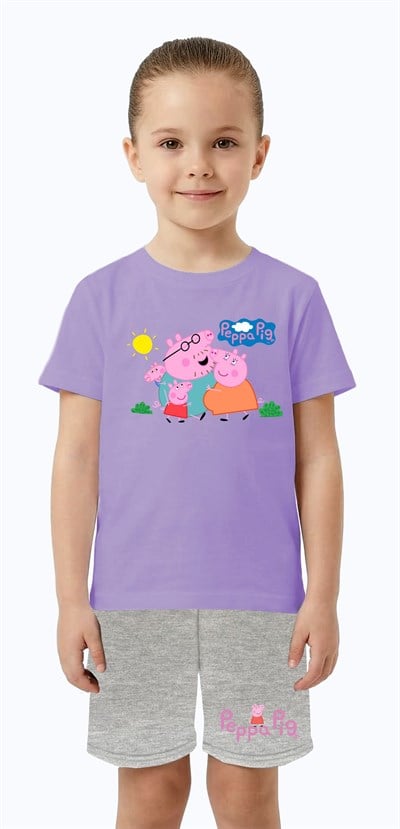 Unisex Peppa Pig baskılı Çocuk Tişört gri Şortlu Takım pamuklu penye kumaş