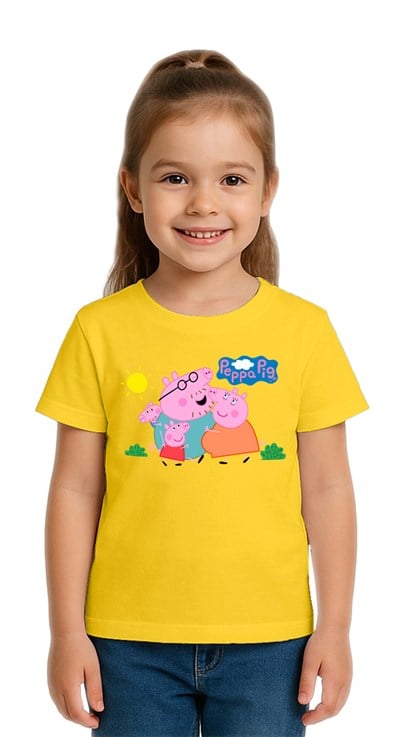 Unisex Peppa Pig baskılı Çocuk Tişört pamuklu penye kumaş