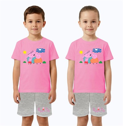 Unisex Peppa Pig baskılı Çocuk Tişört gri Şortlu Takım pamuklu penye kumaş