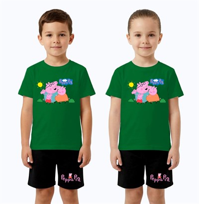 Unisex Peppa Pig baskılı Çocuk Tişört Siyah Şortlu Takım pamuklu penye kumaş