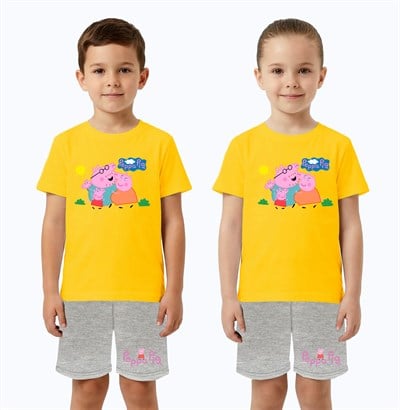 Unisex Peppa Pig baskılı Çocuk Tişört gri Şortlu Takım pamuklu penye kumaş