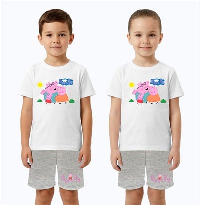 Unisex Peppa Pig baskılı Çocuk Tişört gri Şortlu Takım pamuklu penye kumaş