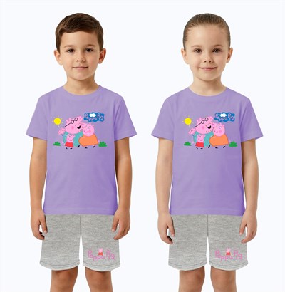 Unisex Peppa Pig baskılı Çocuk Tişört gri Şortlu Takım pamuklu penye kumaş