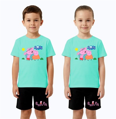Unisex Peppa Pig baskılı Çocuk Tişört Siyah Şortlu Takım pamuklu penye kumaş
