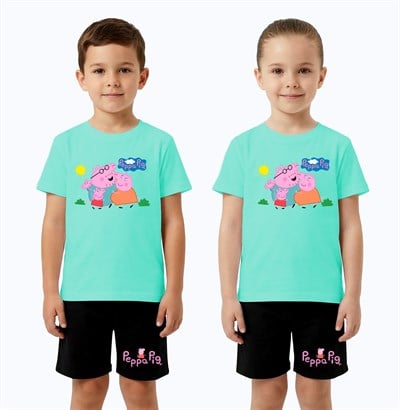 Unisex Peppa Pig baskılı Çocuk Tişört Siyah Şortlu Takım pamuklu penye kumaş