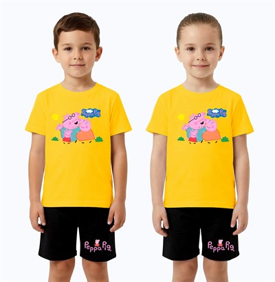 Unisex Peppa Pig baskılı Çocuk Tişört Siyah Şortlu Takım pamuklu penye kumaş
