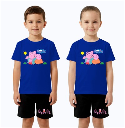 Unisex Peppa Pig baskılı Çocuk Tişört Siyah Şortlu Takım pamuklu penye kumaş