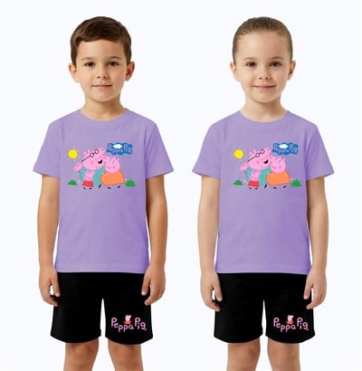 Unisex Peppa Pig baskılı Çocuk Tişört Siyah Şortlu Takım pamuklu penye kumaş