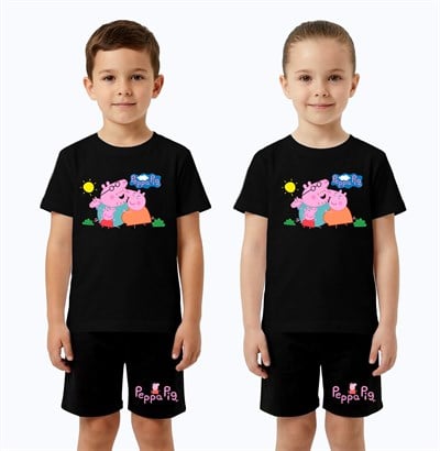 Unisex Peppa Pig baskılı Çocuk Tişört Siyah Şortlu Takım pamuklu penye kumaş