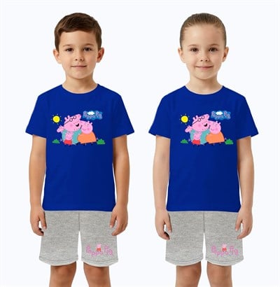 Unisex Peppa Pig baskılı Çocuk Tişört gri Şortlu Takım pamuklu penye kumaş